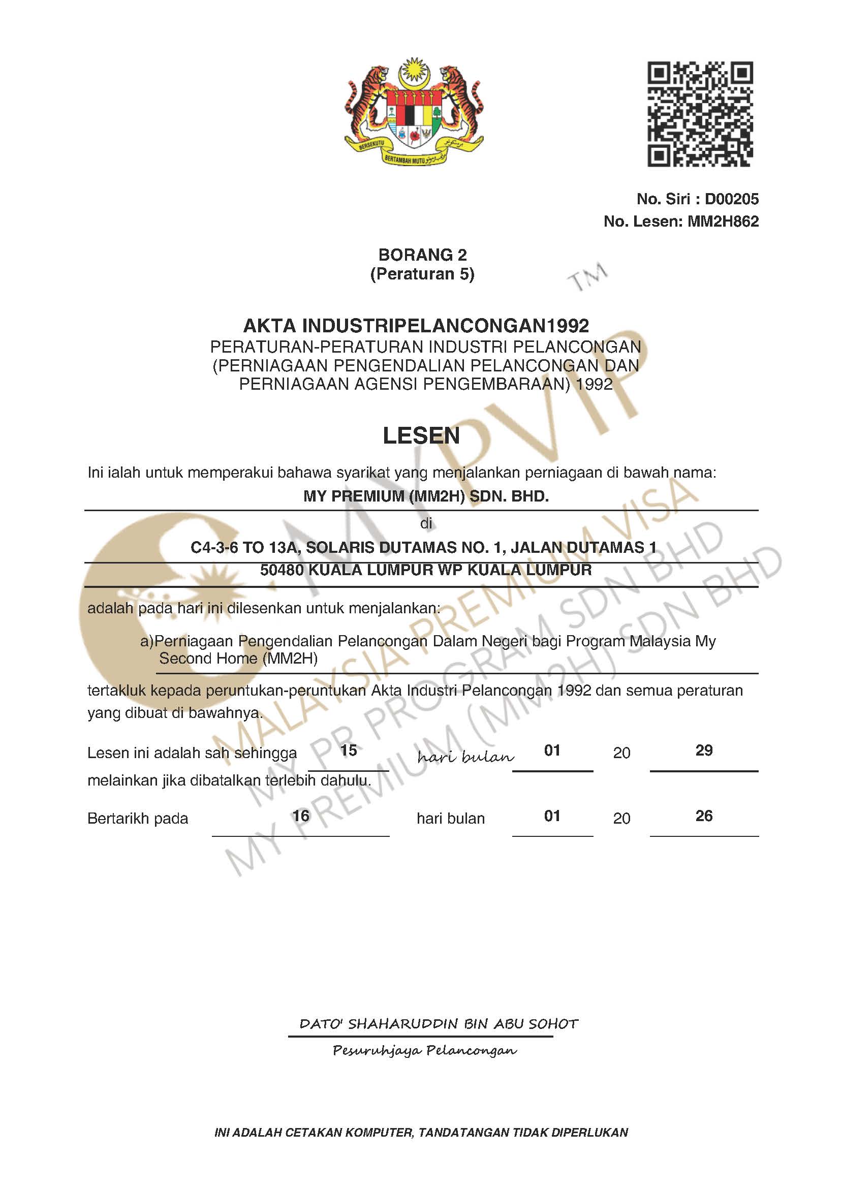 MM2H official appointment certificate from the Ministry of Tourism, Arts and Culture Malaysia